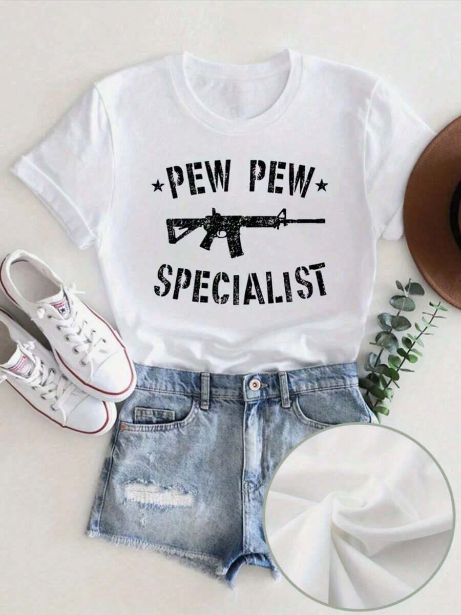 Camiseta de manga corta con cuello redondo y estampado de moda para mujer, informal y cómoda para atuendos casuales, estampado y cuello redondo cómodo, elección perfecta para el verano, imprescindible. - Blanco - Ver 1