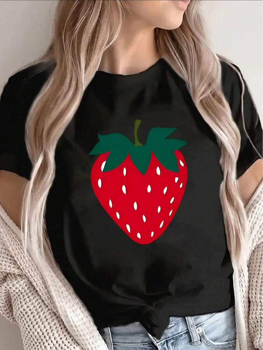 Camiseta de manga corta para mujer, ligera y duradera, con diseño de estampado de fresas, adecuada para salidas informales, uso en casa o para cenar. Ofrece un ajuste cómodo con un patrón de frutas rojo brillante. - Negro - Ver 1