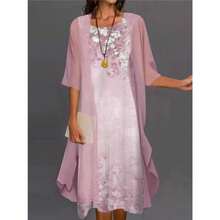 Women's Lilac Floral Print Dress, Two-Piece Set With A Sheer Cardigan Featuring Three-Quarter Sleeves, Round Neck, Loose-Fitting, Flowing Silhouette In Lightweight Fabric Ideal For Spring And Summer, Elegant Boho Style Perfect For Casual Events, Family Gatherings And Vacations - 粉色 - 查看 8