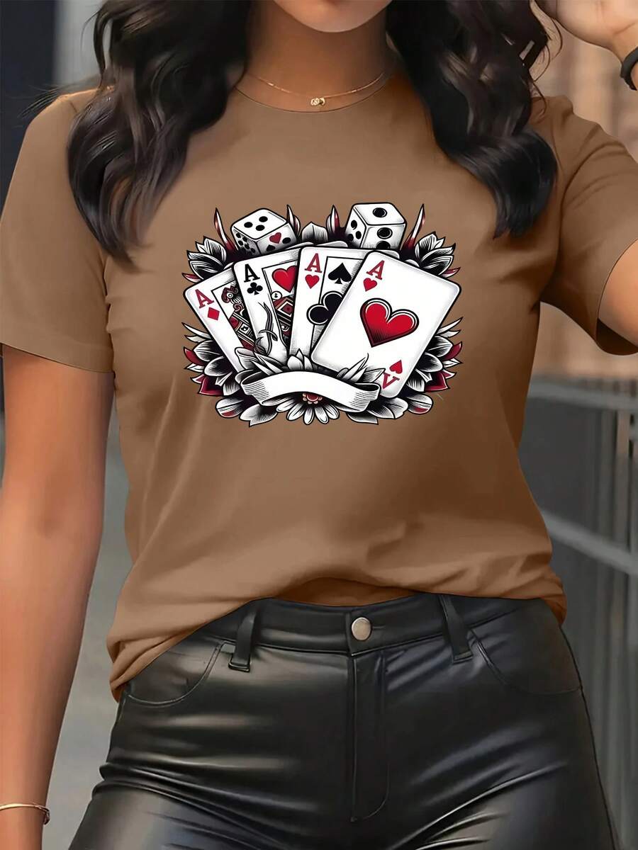 Women's Short Sleeve T-Shirt With Playing Card Print - Casual Sporty Style, Soft And Breathable, 95% Polyester 5% Spandex 180g, Fresh And Unique Personality, Modern And Eye-Catching, Versatile Fashion Garment. - 卡其色 - 查看 1