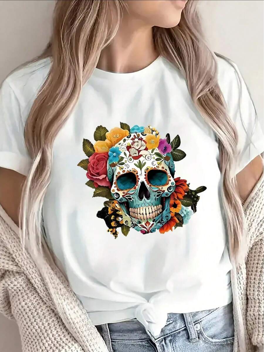 This Lightweight And Durable Short-Sleeved Black T-Shirt, Featuring A Vibrant Floral Skull Print, Is Perfect For Casual Outings At Home, In Cafes, Or During Outdoor Activities, And Is An Ideal Choice For Day Of The Dead Celebrations. - 白色 - 查看 1