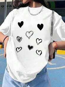 Valentine's Day T-Shirt, A Women's American Retro Style Short-Sleeved T-Shirt With A Loose Fit, Featuring Heart Prints, Heart Shapes And New York Lettering, Fashionable For Valentine's Day, Suitable For Going Out, For The Street, For Sports, Casual Summer Wear For Women, Easy To Match. - 白色 4 - 查看 1