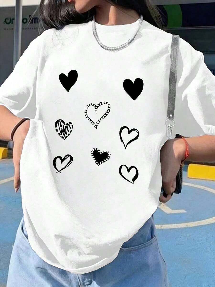 Valentine's Day T-Shirt, A Women's American Retro Style Short-Sleeved T-Shirt With A Loose Fit, Featuring Heart Prints, Heart Shapes And New York Lettering, Fashionable For Valentine's Day, Suitable For Going Out, For The Street, For Sports, Casual Summer Wear For Women, Easy To Match. - 白色 4 - 查看 1
