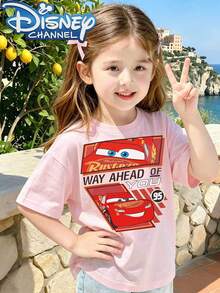 Disney Cute Cartoon Style Men's T-Shirt Cars Lightning McQueen Way Ahead Of You Print Summer Casual Wear For Kids And Teens Gift For Children And Family - Pink - View 1
