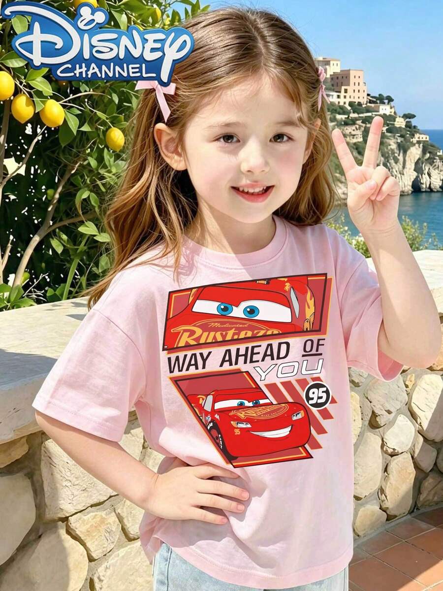 Disney Cute Cartoon Style Men's T-Shirt Cars Lightning McQueen Way Ahead Of You Print Summer Casual Wear For Kids And Teens Gift For Children And Family - Pink - View 1