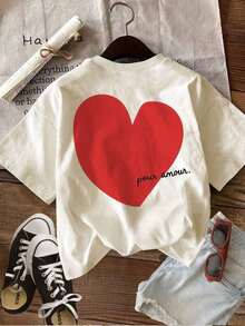 Women's Spring/Summer Short-Sleeve Top Set With Double-Sided Print,  Casual T-Shirts, Hand-Painted Red Heart Print With The Text "Pour Amour", Round Neck Short-Sleeve T-Shirts, Pure Cotton. 100% Cotton - 杏 - 查看 4