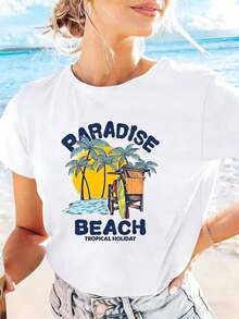 Limited Time Offer, Limited Quantity Available, Flash , Women's Shirts, Women's T-Shirts Women's Printed T-Shirt - Casual Short Sleeve T-Shirt With "Paradise Beach" Print, Summer Vacation Top, Lightweight, Breathable And Stylish. - 白色 - 查看 1