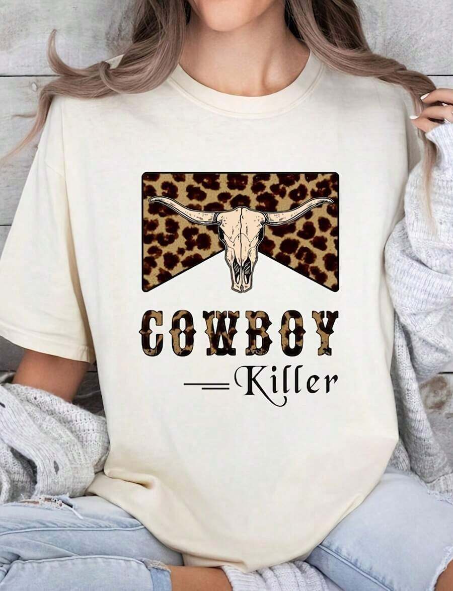 ropa de mujer Cowboy Killer C Camiseta , Camiseta Western, Camiseta Country Girl, Camiseta Cowgirl, Camiseta Rodeo Comfort, Regalo Cowgirl, Camiseta de algodón 100% de alto gramaje. Con estampado de mariposas, adecuada para chicas y mujeres, camiseta inspiradora de manga corta y cuello redondo, top de verano de estilo Y2K con estética linda, adecuada para actividades al aire libre, reuniones familiares, trabajo o uso diario casual y holgado. Camisas de mujer. - Blanco - Ver 1