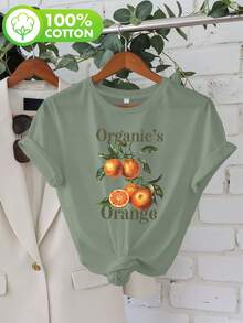 Talla Grande, Camiseta Casual de Manga Corta con Cuello Redondo y Estampado de Frutas Naranjas con Hojas para Mujer de Talla Grande - Verde claro - Ver 6