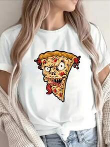 Camiseta de manga corta para mujer, diseño con estampado de pizza zombie, base negra, ropa casual de moda con temática de terror, perfecta para atuendos divertidos, ajuste cómodo, adecuada para uso diario o eventos de fiesta. - Blanco - Ver 6