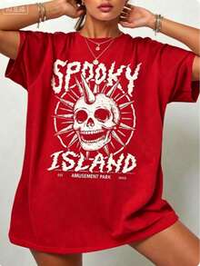 Gothic Punk Cotton T-Shirt,Spooky Island Skull Graphic Tee,Womens Street Concert Summer Top,Short Sleeve,Dark Aesthetic,Y2K Style,Edgy Fashion - 紅色 - 查看 7
