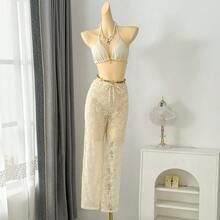 Traje de Baño de Tres Piezas con Estampado de Hojas y Pantalones Largos de Tela Compuesta, Nuevo 2026 - 9392 hojas son de color marrón claro. - Ver 4