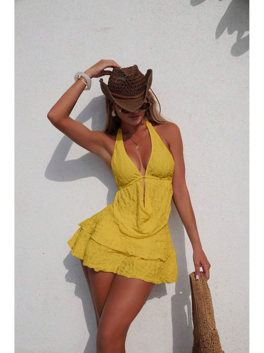 Nuevo Traje de Baño de Tres Piezas en Color Sólido y Sexy para Mujer, Bikini 2026 - Juego de tres piezas amarillo 9385 - Ver 1