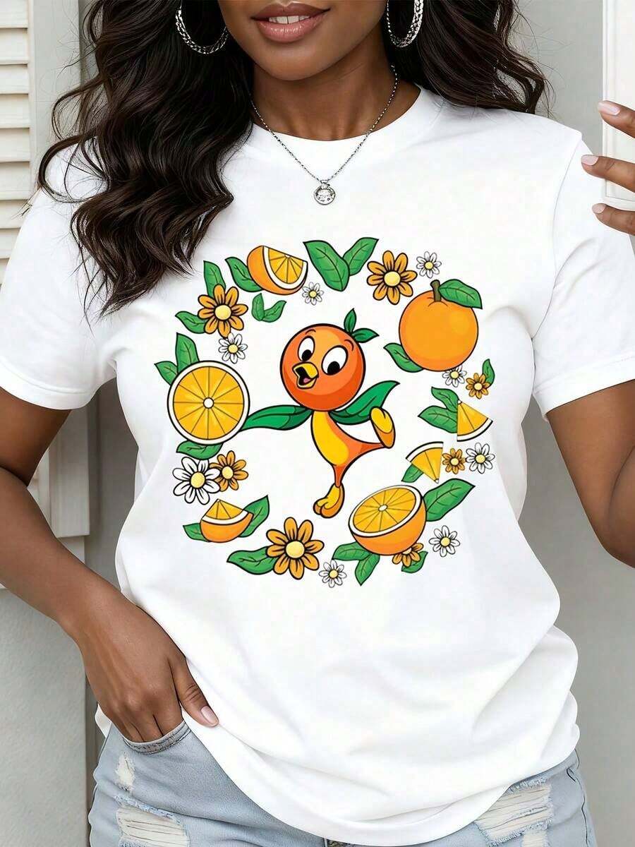 Camiseta Casual de Verano para Mujer, Cuello Redondo, Estampado de Pájaro Naranja, Flores y Frutas, Ropa Casual para Salidas Diarias y Días de Playa, 100% Algodón, Resistente - Blanco - Ver 1