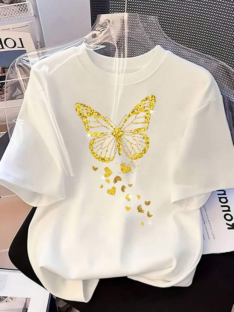 Camiseta Casual de Manga Corta con Cuello Redondo y Estampado de Mariposas, Ideal para el Verano, Simplifica las Opciones de Vestimenta Diaria - Blanco - Ver 1