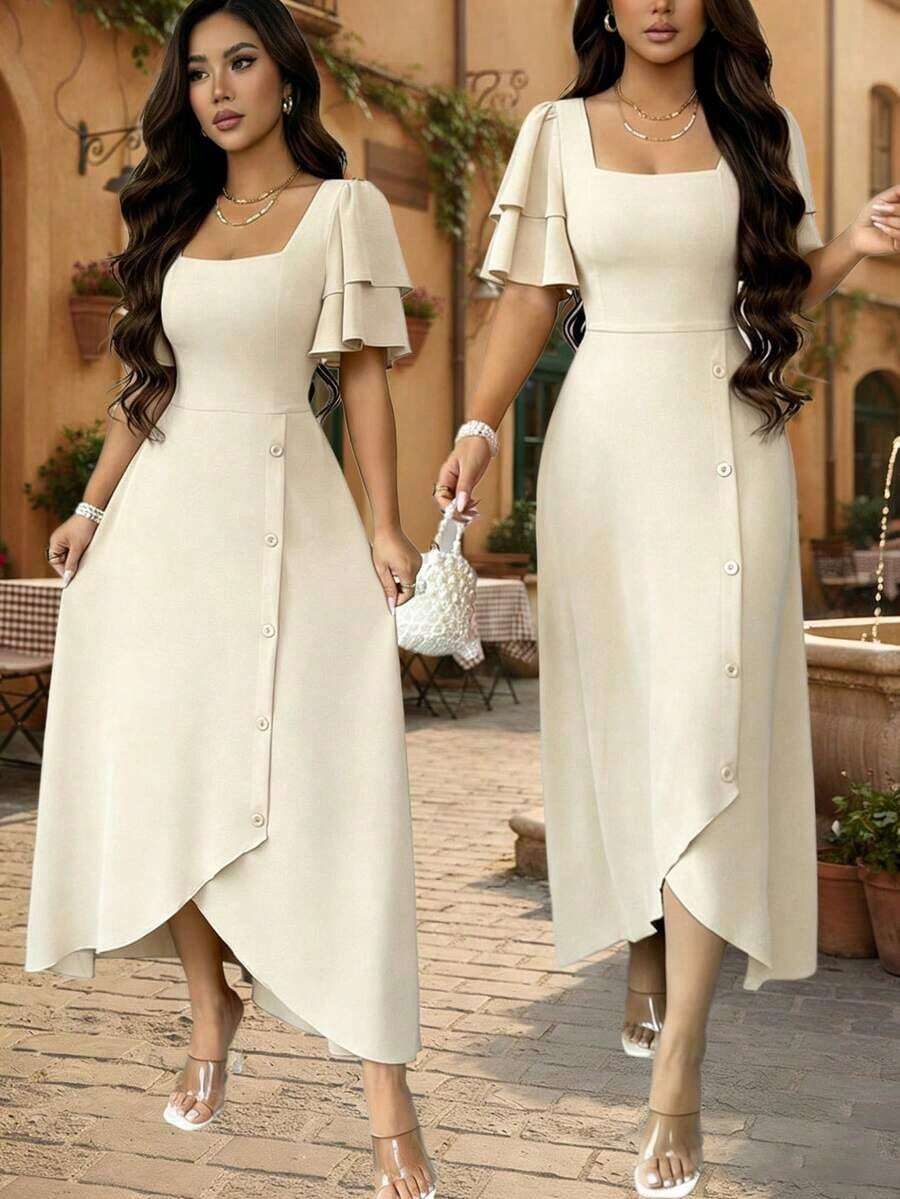 YHHRafferiza Vestido de mujer con cuello cuadrado francés, con volantes en capas adelgazantes, manga corta. Vestido vintage con diseño de botones y bajo asimétrico, elegante para ir al trabajo, citas, vacaciones y salidas.YHH - Beis - Ver 1
