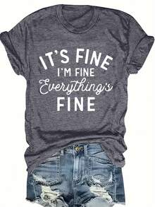 Camiseta de Moda de Talla Grande, Manga Corta, Cuello Redondo, con la Frase "IT's FINE" - Gris Oscuro - Ver 5
