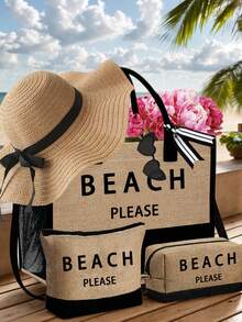 海灘主題女款手提包套裝，印有「Beach」文字，大容量手提包與兩個化妝包，適合婚禮、假期和度假，也適合日常使用，是送給女性、母親、老師、朋友、伴娘、學生的絕佳禮物，也適合生日、假期和週末度假 - 彩色 - 查看 3