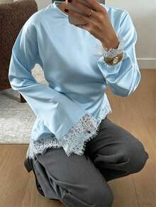New Lace Patchwork Long Sleeve T-Shirt, Suitable For Dates, Vacations, And Everyday Wear In Spring/Summer - Light Blue - View 9