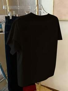 Camiseta de Mujer con Estampado, Sencilla y Elegante, de Corte Holgado, Cuello Redondo, Versátil, Casual, de Manga Corta para Primavera/Verano - Negro - Ver 2