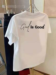 Camiseta de manga corta con estampado frontal y trasero - estampado de moda "God is Good" - Camiseta de mujer con estampado de moda para primavera/verano, artículo de moda.una camiseta estampada muy distintiva / estilo unisex / adecuada tanto para hombres como para mujeres / resistente a las arrugas / transpirable - Blanco - Ver 3