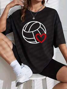 Camiseta de 100% algodón con estampado de voleibol y corazones, cuello redondo (tallas S-2XL): Top casual rojo de manga corta, transpirable, ideal para la playa en verano, parte de la vestimenta de un equipo de voleibol, lavable a máquina (estilo negro), admite entrega local. - Negro - Ver 2