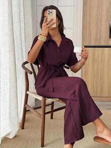 Conjunto de 2 piezas de camisa y pantalones de unicolor con cordón en la cintura, estilo casual de verano - Burdeos - Ver 6