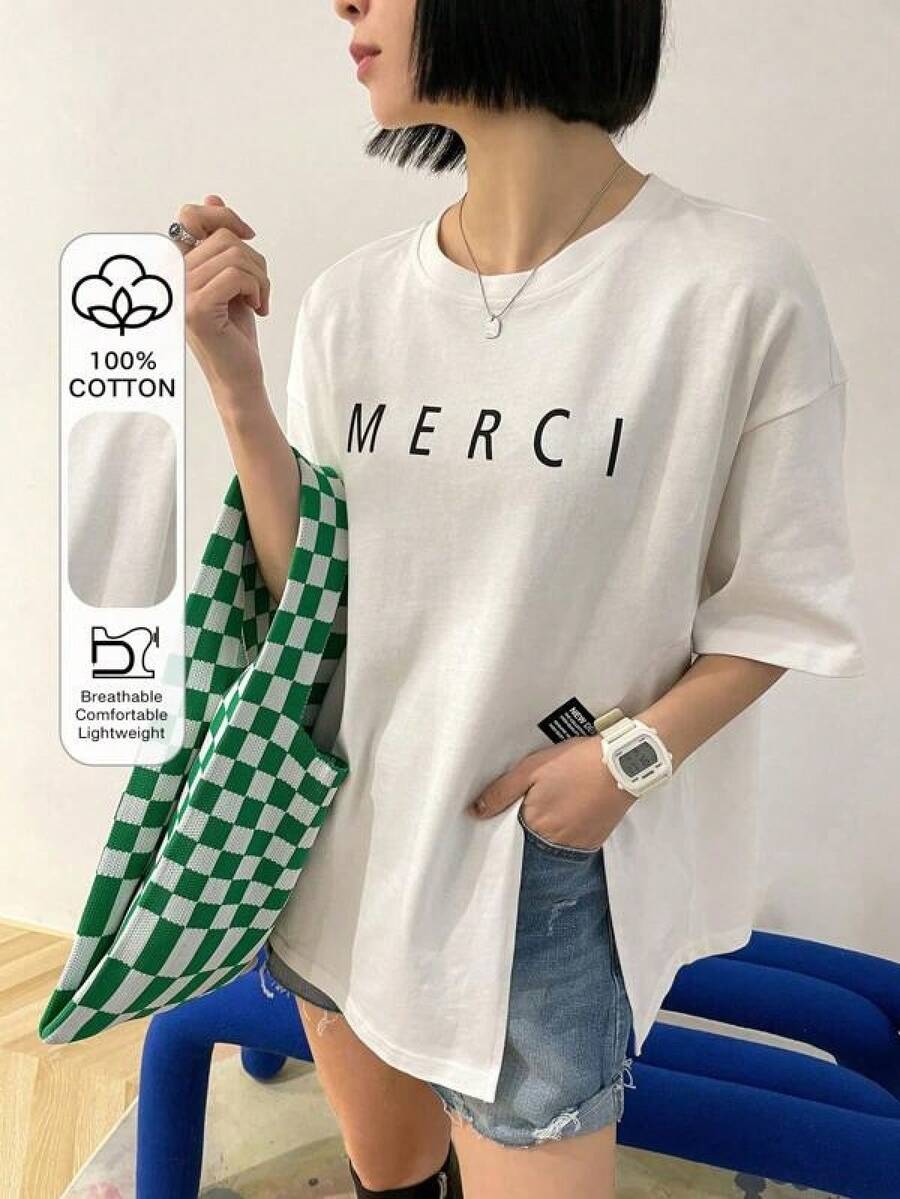 Camiseta de verano oversize con estampado de letra, hombros caídos y bajo dividido - Negro - Ver 1