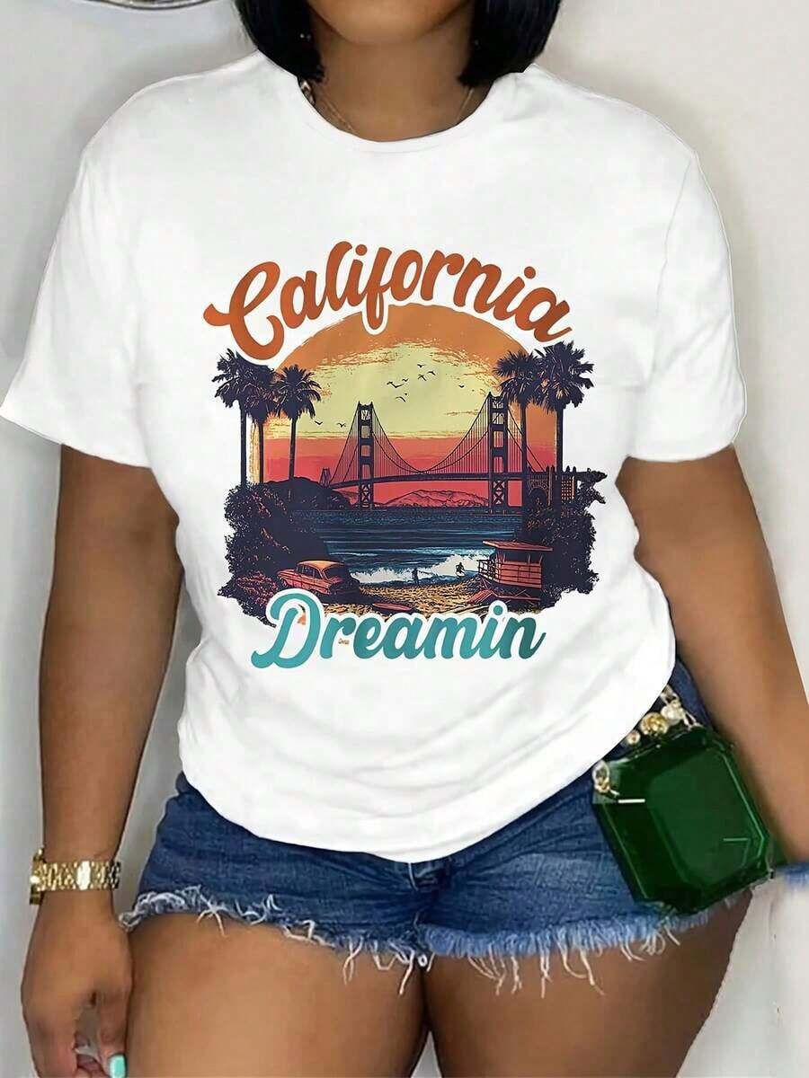 Camiseta gráfica ModaModaWomen's California Dreamin - Camiseta de manga corta con cuello redondo suave y diseño del puente Golden Gate y palmeras al atardecer, cómoda y casual, elegante para conjuntos de primavera y verano, ideal para vacaciones en la playa. - Blanco - Ver 1