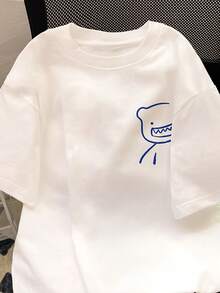 Limited Edition Little Bear 2024 New Men's Short Sleeve T-Shirt, White, Korean Style, One Size, Loose Fit, Crew Neck, Lightweight Cotton - 白色 - 查看 4