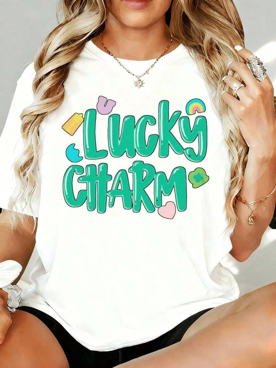Camiseta Gráfica Lucky Charm para Mujer, Blanca, de Talla Grande, Estilo Casual con Estampado Divertido, para el Día de San Patricio, Uso en Casa, al Aire Libre, Regalo para Fiesta de San Valentín - Blanco - Ver 1