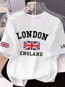 1 Piece Casual Fashion Men's And Women's T-Shirt, 100% Heavy Cotton, Loose Short Sleeve, Printed With "LONDON ENGLAND" And British Flag Pattern, Breathable And Comfortable, Versatile Casual Wear, Retro American College Style, Suitable For Urban Outings, College Campus Looks And British Themed Parties. Versatile For Summer, Easy To Match, For Daily Wear, Urban Style, Holiday Outfits, Weekend Outfits. - 白色的 - 查看 7