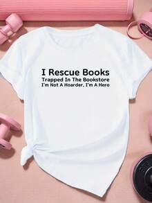 Camiseta Deportiva de Manga Corta para Mujer, Corte Holgado, Suave y Cómoda para el Verano, Soft Touch Rescue Books - Blanco - Ver 12