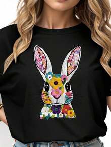 Casual And Versatile Blouse With Rabbit, Floral And Embroidered Prints - Soft, Stretchy And Comfortable Fabric For Summer - Pure-Cotton - 黑色 - 查看 4