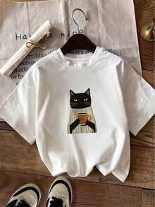 Camiseta de manga corta con cuello redondo para mujer, decorada con rayas de diseño de gato y estampado de copas. - Blanco - Ver 1
