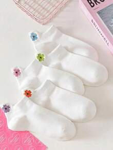 1/3/5/10雙白色網眼隱形襪，女款花卉後跟刺繡隱形踝襪，韓日JK Ins風透氣日常居家襪 - 彩色 - 查看 2