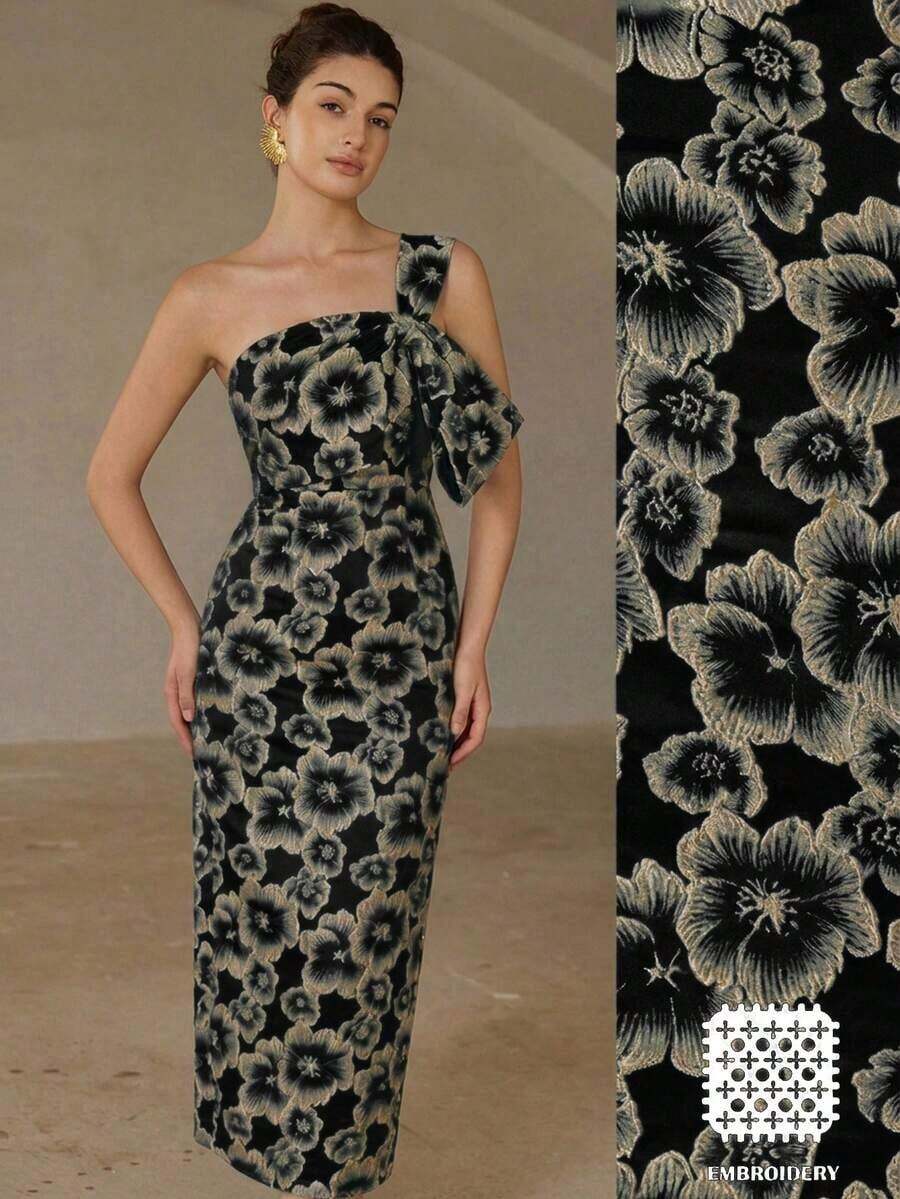 Nuevo vestido de cóctel largo, elegante y de lujo con estilo vintage para dama. Vestido ajustado y entallado sin mangas, con decoración de lazo en el hombro asimétrico oblicuo, de tela jacquard. - Negro - Ver 1