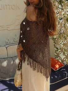 2026 Women's Spring/Summer Vacation Sequin Decor Hollow-Out Knit Asymmetric Tassel Hem Cover Up - Coffee Brown - View 10