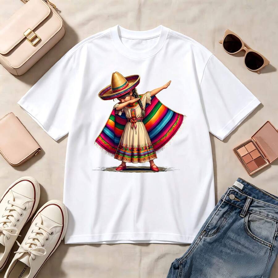 Retro Mexican Dancer, 100% Cotton, Oversized Soft Breathable Casual Crewneck, Short Sleeve Top, Summer Vibes Streetwear Aesthetic - Blanco - Ver 1