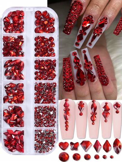 12Grids Red Iridescent Resin Nail Rhinestones Set - Mixed Shapes (Heart, Butterfly, Marquise, Diamond) & Multi-Size Flatback Round Crystals, Luxury Jewelry 3D Shiny Nail Art Charms For Acrylic Nails, Press On Nails, DIY Manicure Decorations, Sparkly Nail Gems Supplies