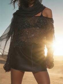 Top Transparente de Malla con Lentejuelas para Mujer, Manga Larga y Ajustado, para Salidas Nocturnas y Estilo Western en Verano - Negro - Ver 1