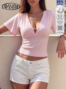 Aflion Women's Light Pink V-Neck Ruched Top, Flutter Sleeve Fitted Crop Top For Casual & Coquette Style - Pink - View 9