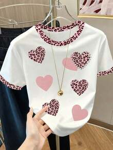 Camiseta de manga corta con estampado de leopardo y decoración de corazón para mujer - Blanco 4 - Ver 5