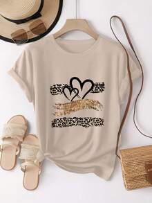 Glitter Heart Print T-Shirt With Leopard Print Design,  And Breathable, Suitable For Family Trips, School Activities, Casual Sports, Daily Commutes, Matching Sister Outfits, Versatile T-Shirt. 9XO7 - 杏色 - 查看 4