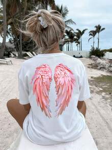 Graphic Design Angel Wings Print T-Shirt | Casual Short-Sleeved Round Neck Tee For Summer And Spring, Women's Clothing, Loose And Comfortable. - White - View 1