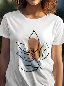 100% algodón, 1 pieza, camiseta blanca para mujer con estampado de arte abstracto de hojas, cuello redondo, camiseta casual de algodón, tejido de punto de elasticidad media, corte regular para damas, para primavera/verano/otoño. - Blanco - Ver 5