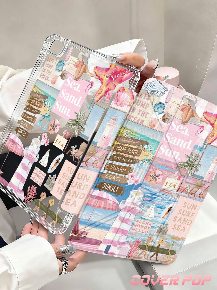 灯塔、芙蓉花和海洋图案平板电脑保护套，兼容 iPad Air 8 (M4) 2026 (11 英寸)/2026 (13 英寸)、9.7/10.2/10.5/10.9/12.9 英寸/Pro 11/A16、第十代、Galaxy Tab S6 Lite 10.4 英寸、Kindle Paperwhite 第十二代 2024、Kindle（第十一代 - 2024 年发布）。提供柔软防震保护、智能睡眠/唤醒功能、Y 型折叠支架，可实现多角度观看。适合作为返校季、夏季海洋主题、情人节、节日等场合的可爱礼物。