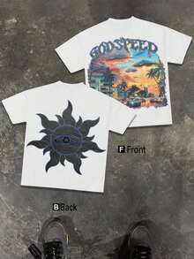 Gemustertes T-Shirt für Herren |   Alien Sunset City Toast Graffiti | 100% reine Baumwolle | Bequem & Weich | Y2K-Stil | Geeignet für festliche Partys, Streetwear und den täglichen Gebrauch im Fitnessstudio. | - Weiss - Übersicht 1