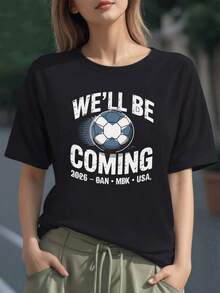 Balón de fútbol con mensaje motivador que simboliza la unión de las sedes 2026 CAN MEX USA celebrando la pasión por el deporte camiseta para mujer 100% algodón - Negro - Ver 6