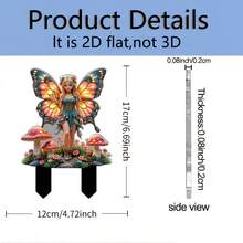 2D扁平仙子蝴蝶翅膀花园插牌 - 2D扁平亚克力户外装饰品，带尖底座，鲜艳的绿色和金色仙子，蘑菇形顶部带红色帽，轻巧设计，适用于花坛、草坪 - A - 查看 6